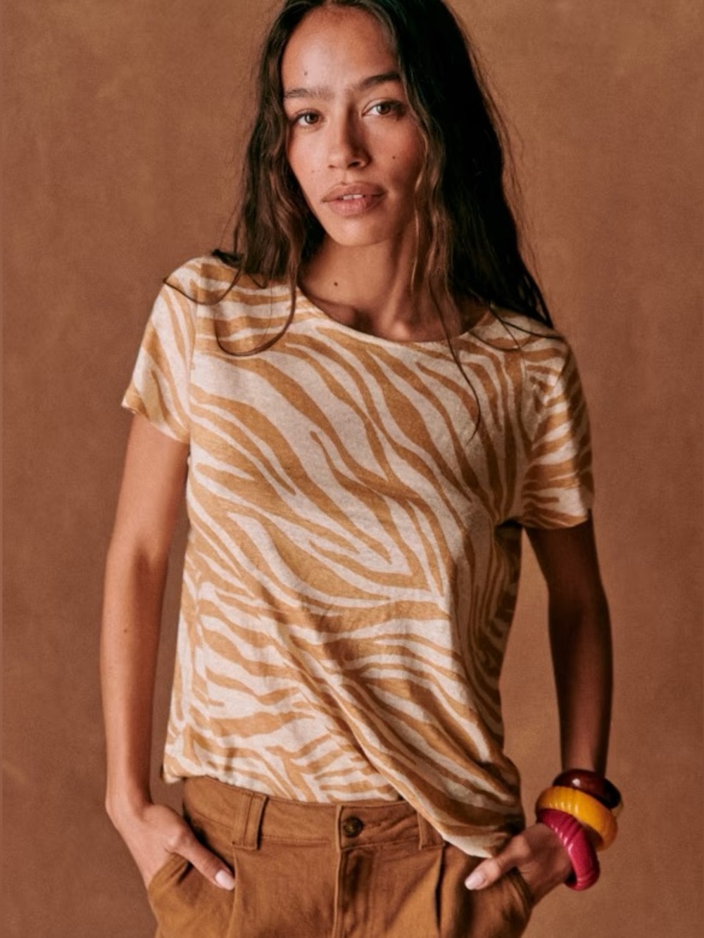 Nordstrom| Tan & Camel Abstract Zebra-Striped Lightweight Short Sleeve Tee Sz XL